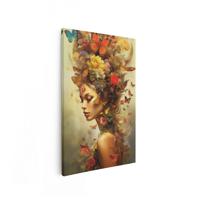 Canvas schilderij vooraanzicht Vrouw met Vlinders in haar Haar