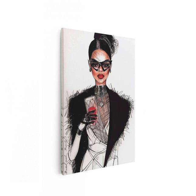 Canvas schilderij vooraanzicht Illustratie van een Vrouw die een Bril Draagt ​​En een Glas Wijn Vasthoudt