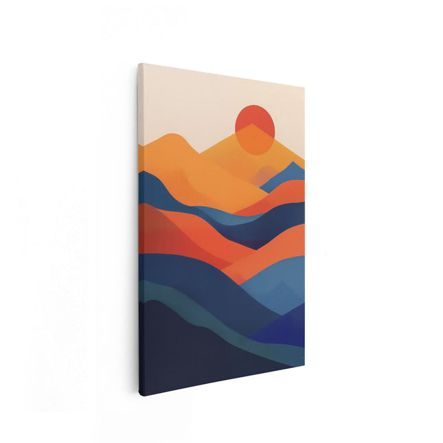 Canvas schilderij vooraanzicht De Zon gaat onder over een Blauw en Oranje Landschap