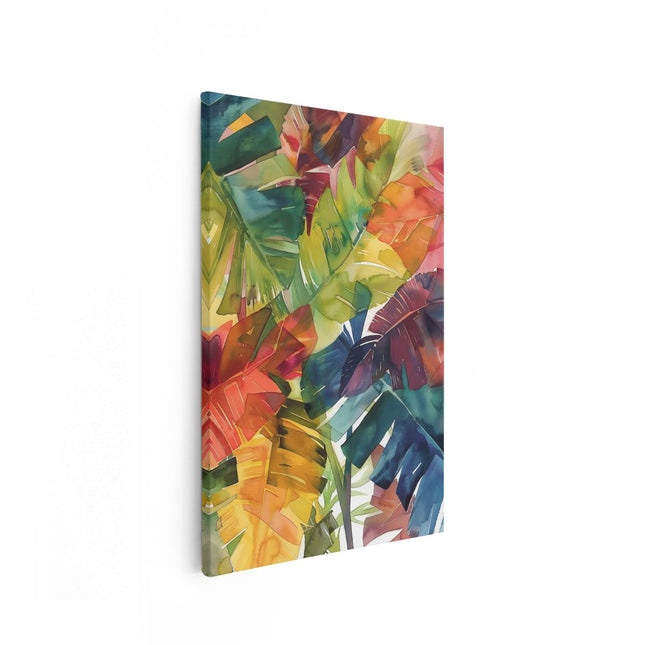 Canvas schilderij vooraanzicht Kleurrijk Aquarelkunstwerk van Tropische Bladeren