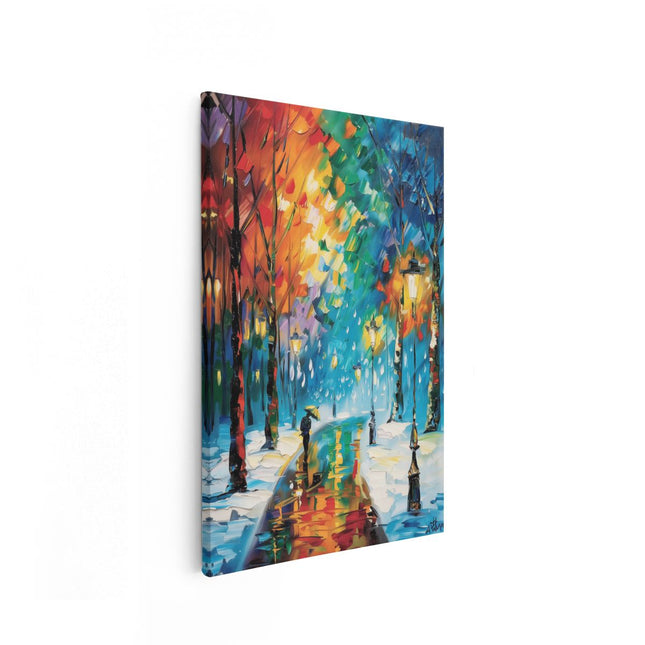 Canvas schilderij vooraanzicht Kunstwerk van Mensen die door de Straat Lopen in de Sneeuw