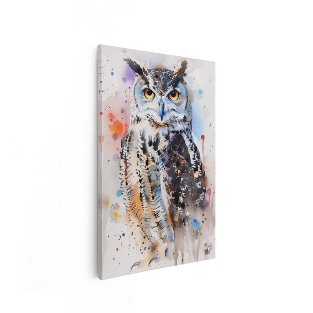 Canvas schilderij vooraanzicht Uil met Kleurrijke Verfspatten