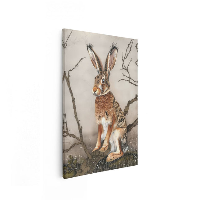 Canvas schilderij vooraanzicht Haas Zittend op een Tak