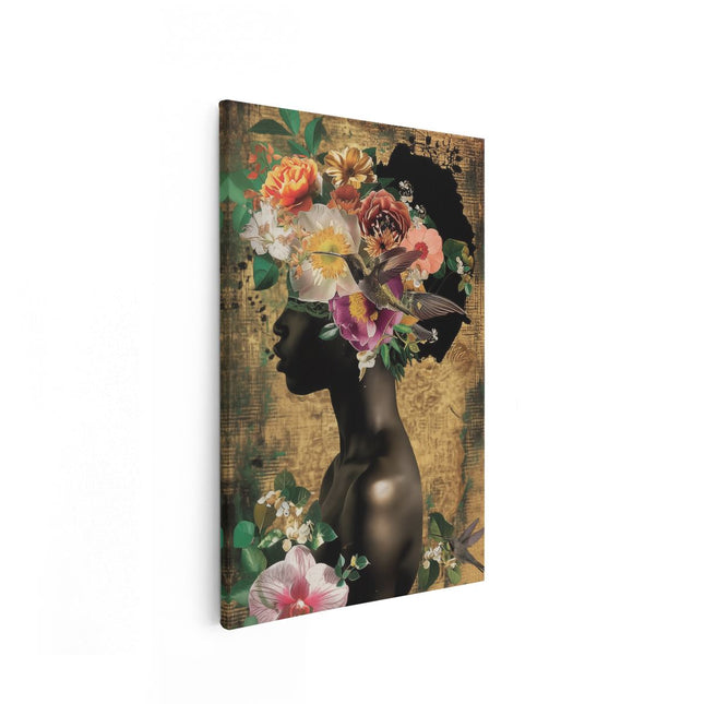 Canvas schilderij vooraanzicht Vrouw met Bloemen op haar Hoofd