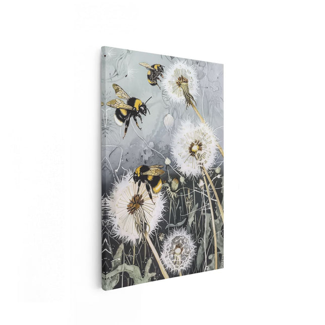 Canvas schilderij vooraanzicht Bijen Vliegen over Paardenbloem