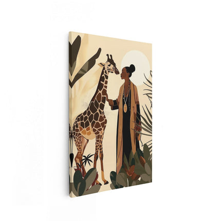 Canvas schilderij vooraanzicht Vrouw en een Giraffe in de Jungle