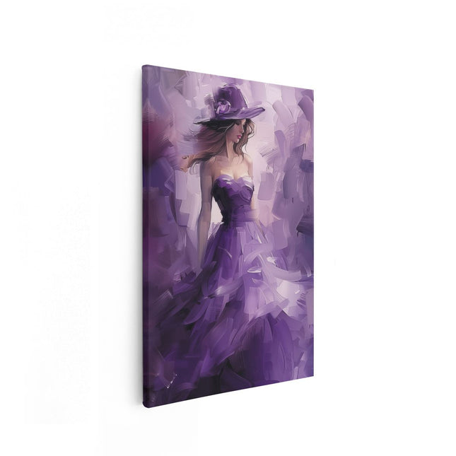 Canvas schilderij vooraanzicht Vrouw in een Paarse Jurk met een Hoed
