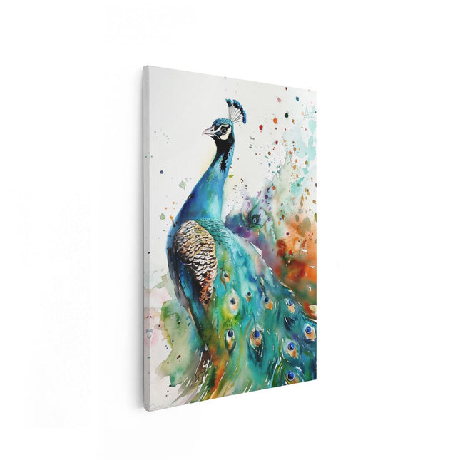 Canvas schilderij vooraanzicht Aquarelkunstwerk van een Pauw