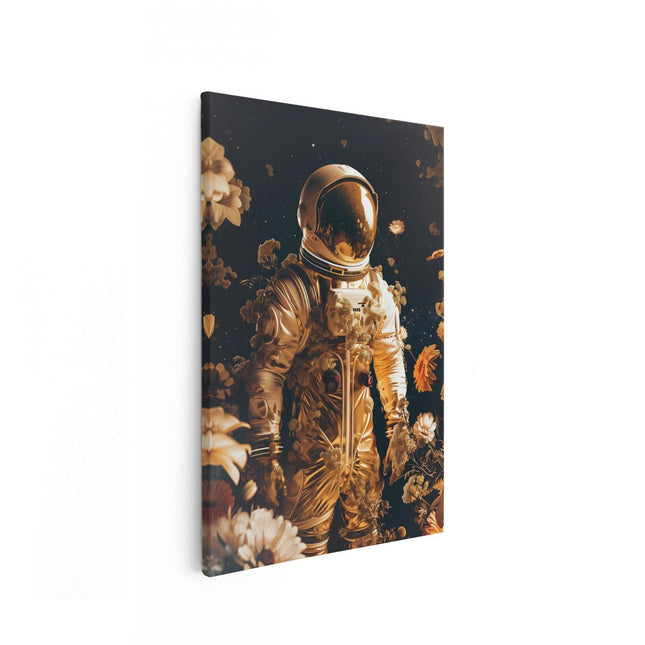 Canvas schilderij vooraanzicht Astronaut in de Ruimte Omringd door Bloemen