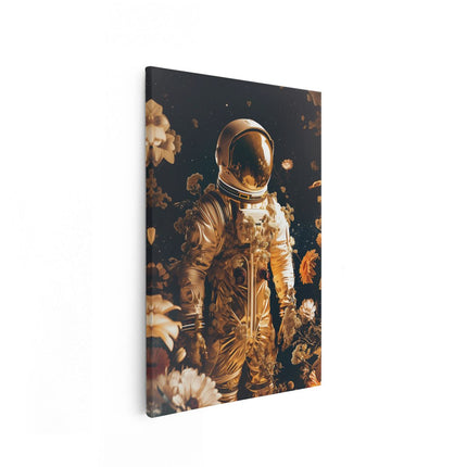 Canvas schilderij vooraanzicht Astronaut in de Ruimte Omringd door Bloemen