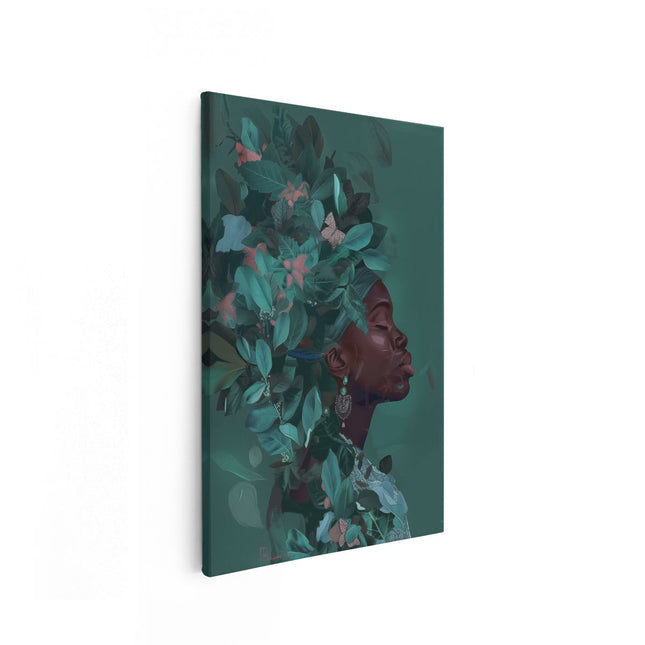 Canvas schilderij vooraanzicht Vrouw met Bladeren in haar Haar