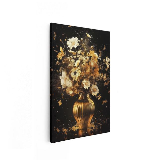 Canvas schilderij vooraanzicht Gouden Bloemen in een Vaas op een Zwarte Achtergrond