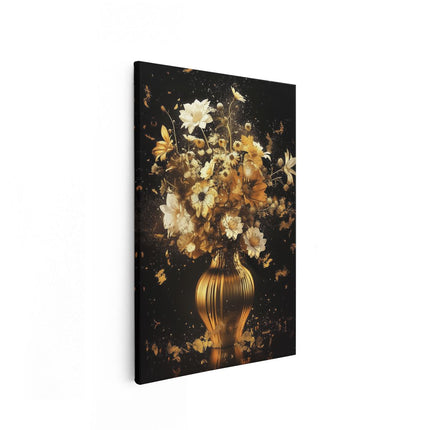 Canvas schilderij vooraanzicht Gouden Bloemen in een Vaas op een Zwarte Achtergrond