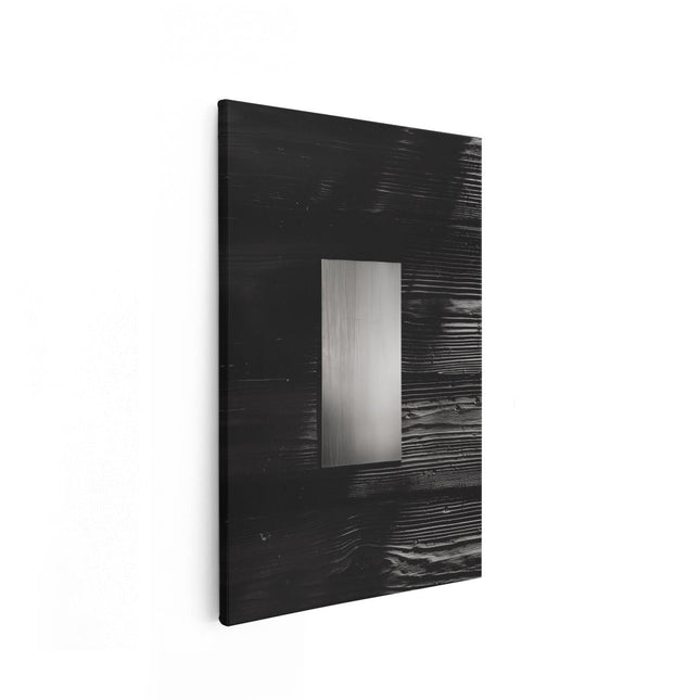 Canvas schilderij vooraanzicht Zwart Witfoto van een Metalen Plaat op een Houten Muur