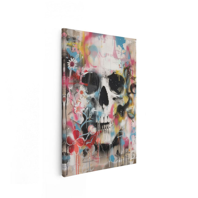 Canvas schilderij vooraanzicht Schedel met Bloemen en Spetters