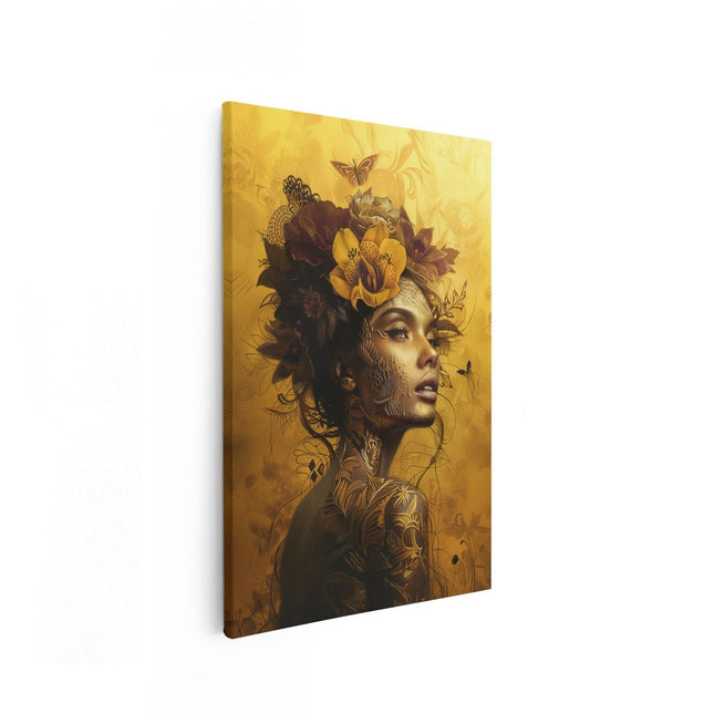 Canvas schilderij vooraanzicht Vrouw met Bloemen op haar Hoofd