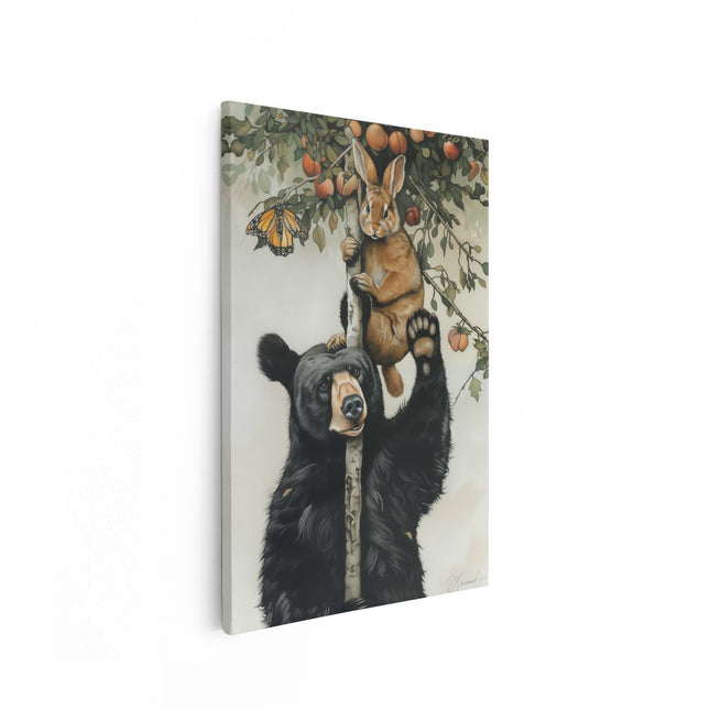 Canvas schilderij vooraanzicht Beer en een Konijn in een Boom