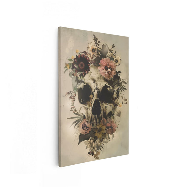 Canvas schilderij vooraanzicht Schedel met Bloemen Erop