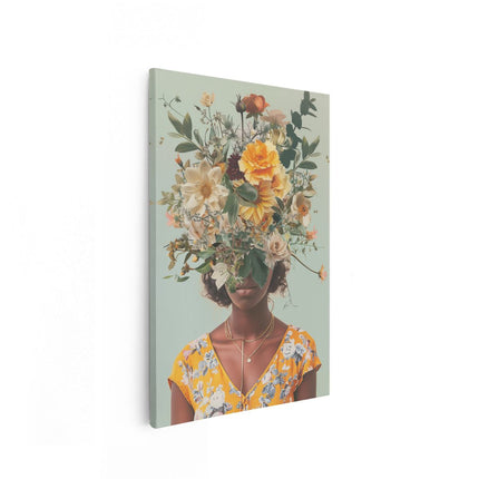 Canvas schilderij vooraanzicht Vrouw met Bloemen op haar Hoofd