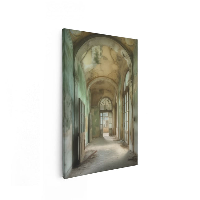 Canvas schilderij vooraanzicht Gang in een Verlaten Gebouw