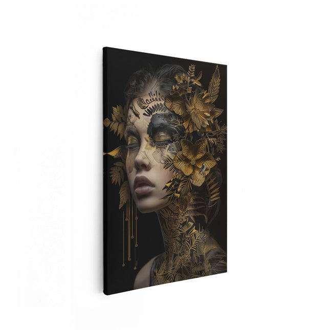 Canvas schilderij vooraanzicht Vrouw met Gouden Bloemen op haar Gezicht