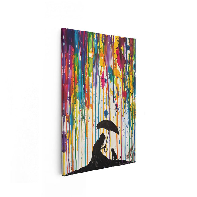Canvas schilderij vooraanzicht Meisje met een Paraplu en een Kat