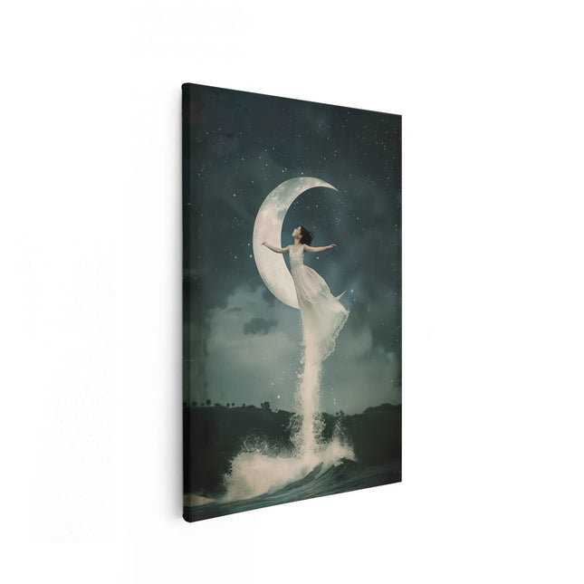 Canvas schilderij vooraanzicht Vrouw in een Witte Jurk die over de Maan Springt