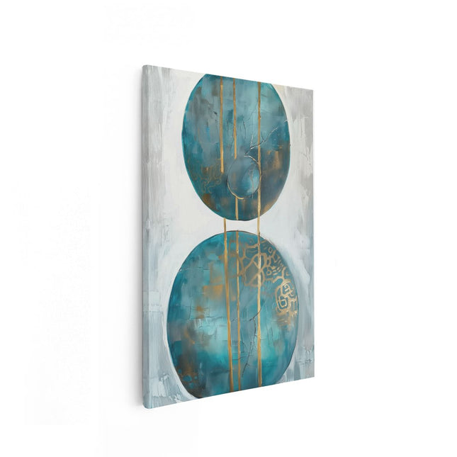 Canvas schilderij vooraanzicht Kunstwerk van Twee Blauwe en Gouden Cirkels op een Witte Achtergrond