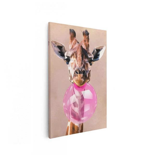Canvas schilderij vooraanzicht Giraf met een Roze Ballon in zijn Mond