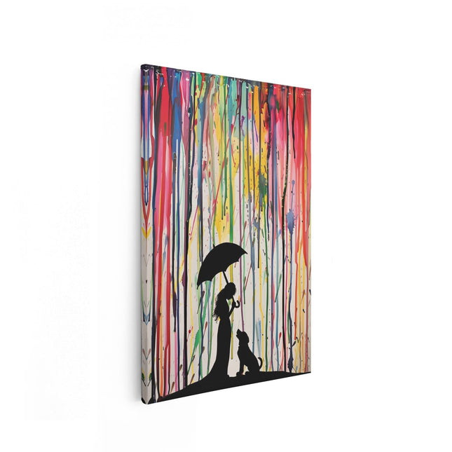 Canvas schilderij vooraanzicht Meisje en een Hond in de Regen met een Kleurrijke Paraplu