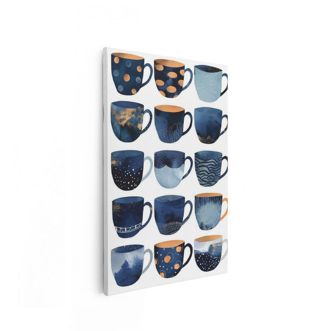 Canvas schilderij vooraanzicht Collectie Blauwe en Oranje Koffiemokken