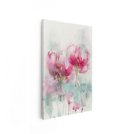 Canvas schilderij vooraanzicht Aquarelkunstwerk van Twee Roze Bloemen