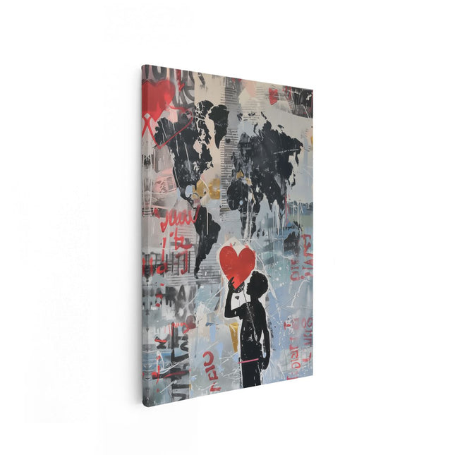 Canvas schilderij vooraanzicht Jongen Houdt een Rood Hart voor een Wereldkaart