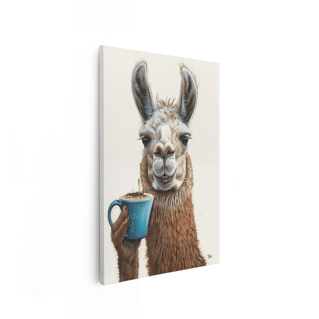 Canvas schilderij vooraanzicht Lama die een Kopje Koffie Vasthoudt