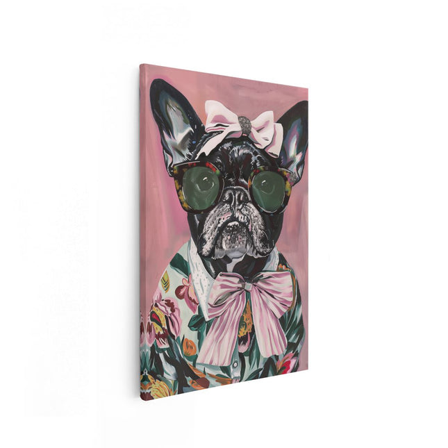 Canvas schilderij vooraanzicht Franse Bulldog met Zonnebril en Vlinderdas