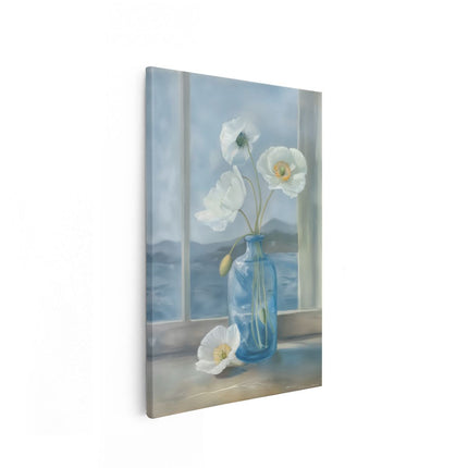 Canvas schilderij vooraanzicht Witte Bloemen in een Blauwe Vaas op een Vensterbank