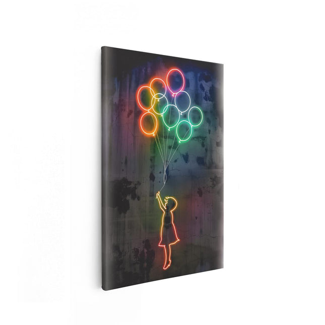 Canvas schilderij vooraanzicht Meisje Vliegt met Ballonnen