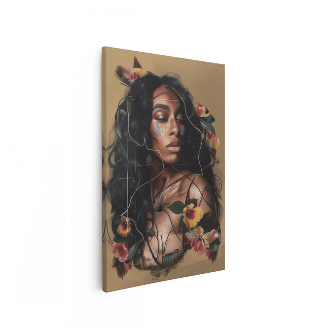 Canvas schilderij vooraanzicht Zwarte Vrouw met Bloemen op haar Gezicht
