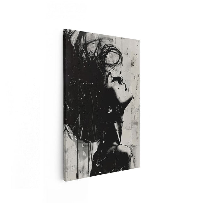 Canvas schilderij vooraanzicht Zwart Wit Kunstwerk van een Vrouw met haar Haren Wapperend in de Wind