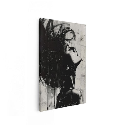 Canvas schilderij vooraanzicht Zwart Wit Kunstwerk van een Vrouw met haar Haren Wapperend in de Wind