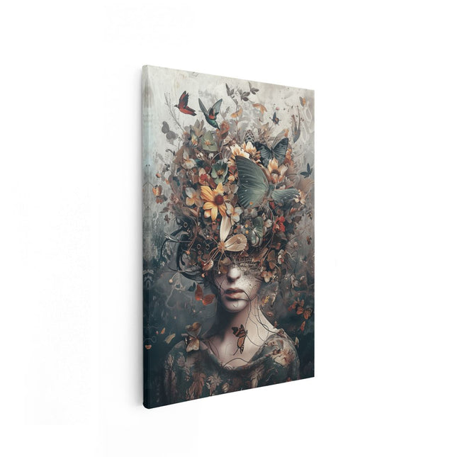Canvas schilderij vooraanzicht Vrouw met Vlinders op haar Hoofd