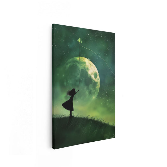 Canvas schilderij vooraanzicht Meisje Vliegeren in de Nachtelijke Hemel