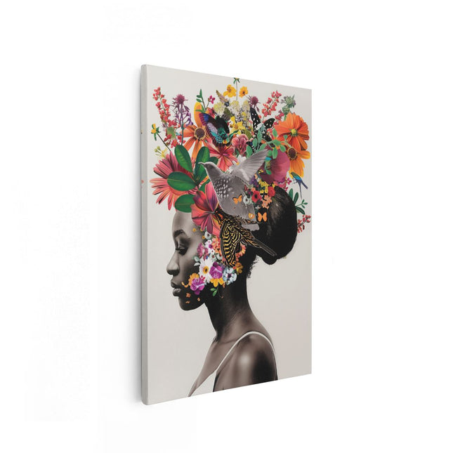 Canvas schilderij vooraanzicht Vrouw met Bloemen op haar Hoofd
