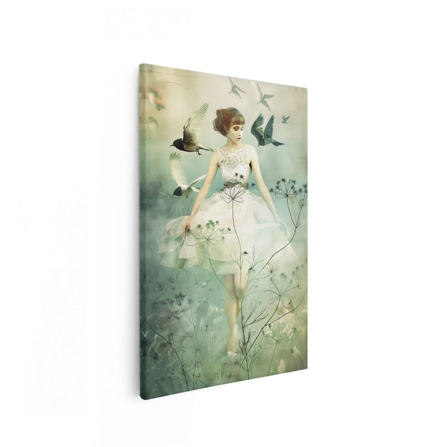 Canvas schilderij vooraanzicht Vrouw in een Witte Jurk met Vogels die Om haar Heen Vliegen
