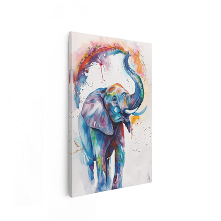 Canvas schilderij vooraanzicht Olifant met Kleurrijke Verfspatten