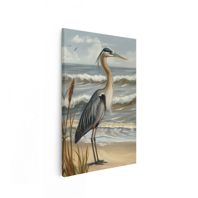 Canvas schilderij vooraanzicht Blauwe Reiger Staande op het Strand
