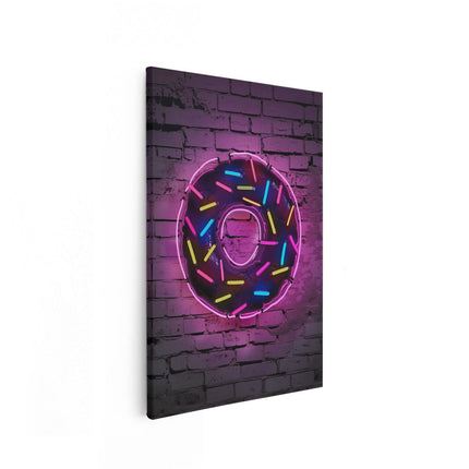 Canvas schilderij vooraanzicht Neon Donut op een Bakstenen Muur