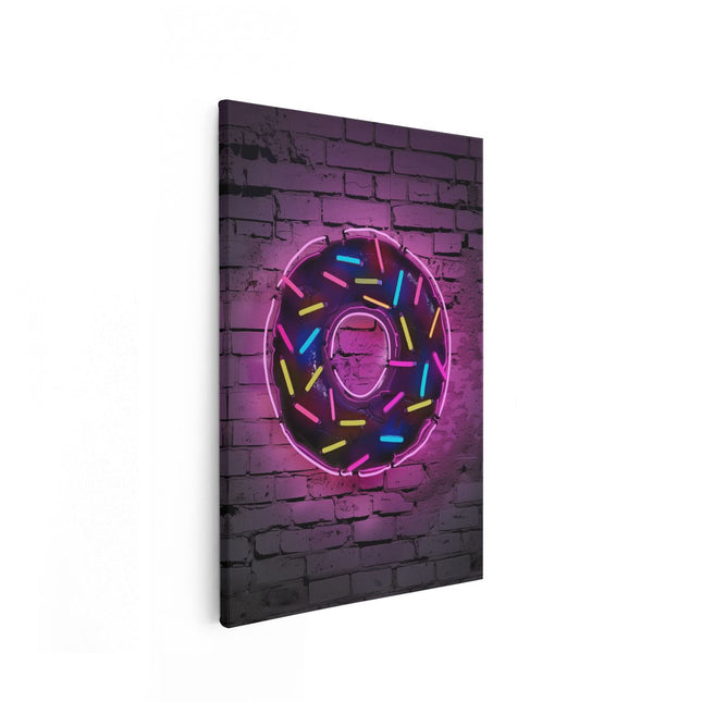 Canvas schilderij vooraanzicht Neon Donut op een Bakstenen Muur