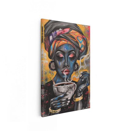 Canvas schilderij vooraanzicht Vrouw die Koffie Drinkt in een Tulband