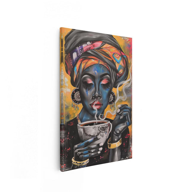 Canvas schilderij vooraanzicht Vrouw die Koffie Drinkt in een Tulband